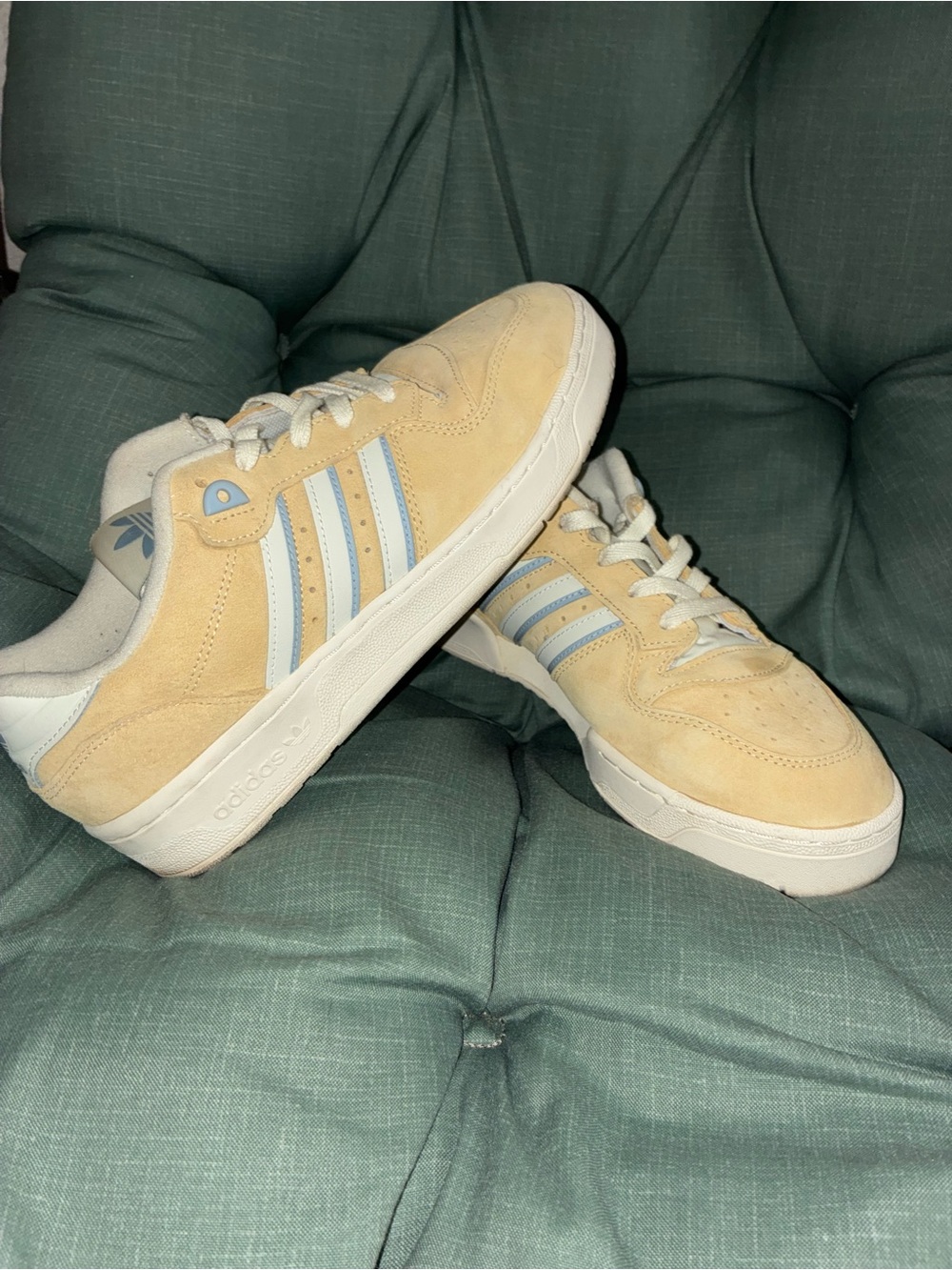 adidas Women’s RIVALRY Tan Suede Sneakers with Light Blue Stripes
